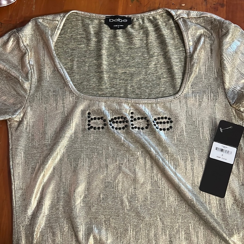 Nwt bebe gold shimmer y2k square neck baby tee fitted stretch top small shirt